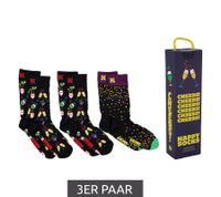 3 Paar Happy Socks Baumwoll-Socken in Geschenk-Box Strümpfe "Celebrations Edition" mit Sektgläsern Cocktails und Konfetti-Punkten-Print Schwarz/Bunt oder "Smooth Sailing" im See-Design Blau//Rot/Weiß