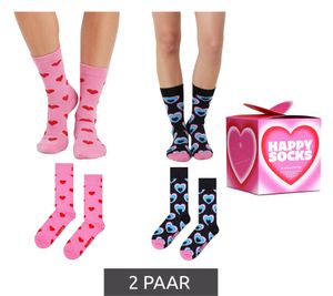 2 Paar Happy Socks Valentine’s Damen Socken in Geschenkbox mit Allover-Herzen-Print Baumwoll-Socken Alltags-Strümpfe Valentinstag P001717 Schwarz/Rosa/Bunt
