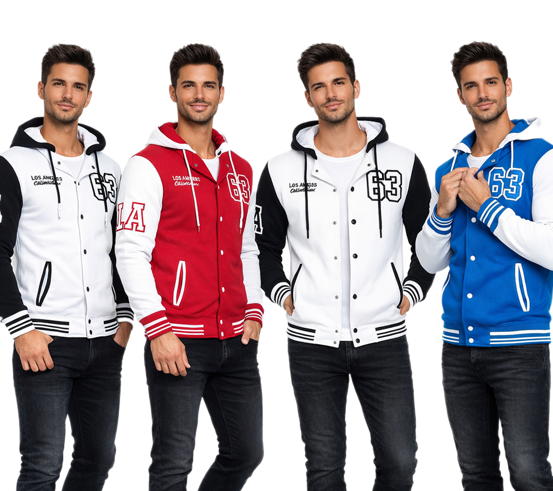 Felpa con cappuccio casual da uomo in stile college 6876 in rosso/bianco, blu/bianco o bianco/nero