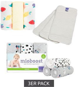 Paquete de 3 insertos absorbentes Bambino Mio para bebés y niños pequeños con capa superior que se mantiene seca, reutilizables, en blanco, liso, con estampado de frutas o animal.