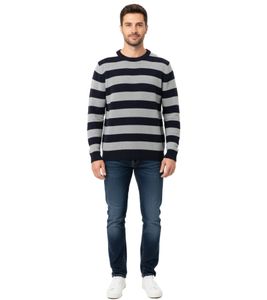 Stylischer ESPRIT Herren Strick-Pullover im Streifen-Design Rundhals-Sweater Baumwoll-Pullover Dunkelblau/Grau