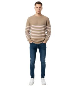 Stylischer ESPRIT Herren Strick-Pullover mit Streifen Rundhals-Sweater Baumwoll-Pullover Khaki/Rosa
