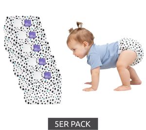 Paquete de 5 pañales de tela sostenibles Bambino Mio para bebés y niños pequeños, todo en uno, lunares, Pampers, talla única, 3-15 kg, paquete económico, blanco