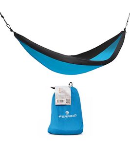 Space-saving FERRINO Hammock Camping Hammock, Packable, Hanging Lounger, 140 x 260 cm, Weight Capacity up to 110 kg, Blue/Black