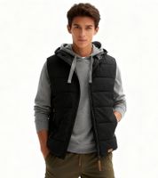 Gilet trapuntato da uomo elegante con cerniera a doppio cursore, gilet mezza stagione con cappuccio, gilet in cotone 928464 Nero