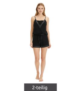 Ensemble pyjama deux pièces élégant en coton pour femme, orné de satin, composé d'un haut et d'un bas, réf. 936951 Noir