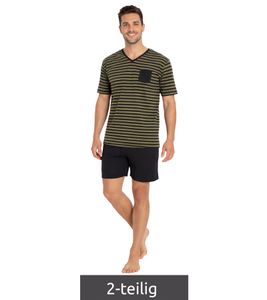 Pyjama court deux pièces pour homme, en coton doux, avec poche poitrine et rayures, coloris noir/olive (réf. 957908).