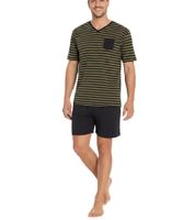 zweiteiliger Herren Pyjama Shorty-Set mit Brusttasche und Streifen kurzer Schlafanzug Baumwoll-Pyjama 957908 Schwarz/Oliv