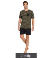 Pyjama court deux pièces pour homme, en coton doux, avec poche poitrine et rayures, coloris noir/olive (réf. 957908).