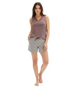 trendiger Damen Pyjama Baumwoll-Shorty mit Punkten und Spitze kurzes Schlafanzug-Set 959182 Braun/Grau
