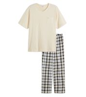 Men's Checkered Pyjama Set in Organic Cotton, Beige