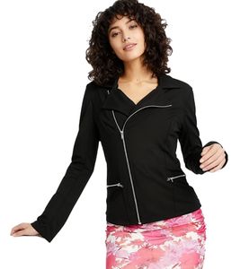 Asymmetrical Women's Biker-Style Shirt Jacket with Zipper, Knit Jacket 950216 Black
