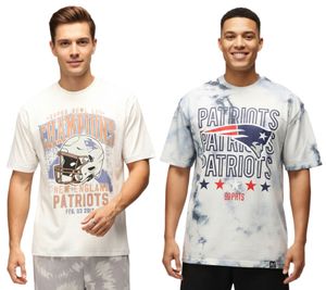 RE:COVERED X NFL Camiseta de algodón para hombre de los New England Patriots en blanco crudo o azul tie-dye