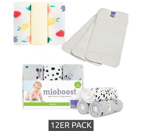 Paquete de 12 insertos absorbentes Bambino Mio para bebés y niños pequeños con capa superior que se mantiene seca - Insertos reutilizables para pañales de tela - Blanco, liso, estampado de frutas o estampado animal