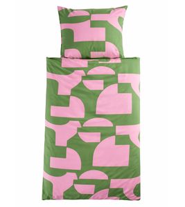 Comodo set di biancheria da letto 2 pezzi con motivo grafico, composto da federa (80x80 cm) e copripiumino (135x200 cm), in cotone sostenibile, verde/rosa