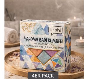 4-Pack fesh! Aroma Bath Bombs in Four Different Colors and Scents - Sustainable Bath Accessories - Wellness Blue/Purple/Orange/Yellow