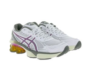 Chaussures de running ASICS Gel-Kinetic Fluent pour femme, inspirées des modèles classiques, avec amorti GEL et système de maintien TRUSSTIC. Modèle 1203A591-100 Blanc/Argent/Violet.