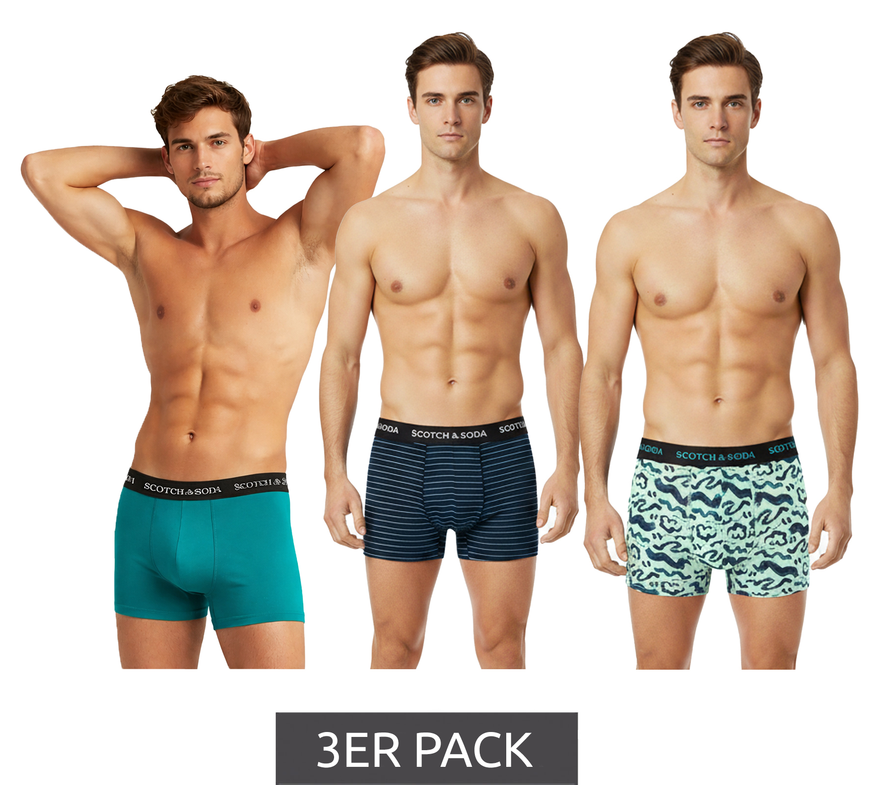 Confezione da 3 boxer da uomo SCOTCH & SODA con slip in cotone elasticizzato SSSP25M166645-422 Turchese/Blu/Nero