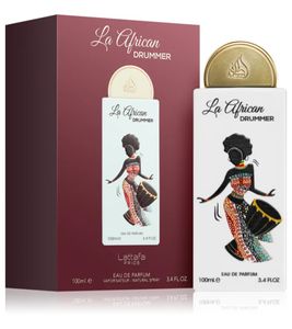 Lattafa La African Drummer Eau de Parfum, un perfume corporal afrutado y fresco con un cálido aroma oriental, en blanco de 100 ml.