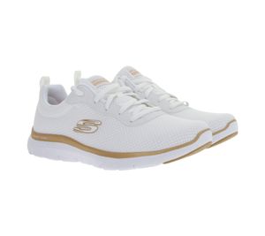 Baskets basses SKECHERS Flex Appeal 4.0 pour femme, amortissant les chocs, avec semelle intérieure Air-Cooled Memory Foam et logo, coloris blanc/or rose (149303-WTRG)