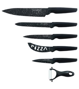 Ensemble de 5 couteaux ROYALTY LINE avec éplucheur, revêtement marbré : couteau de chef, couteau à pain, couteau d'office, couteau à pizza, couteau d'éplucheur, ustensiles de cuisine RL-MB5N Noir