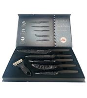 Ensemble de 5 couteaux ROYALTY LINE avec éplucheur, revêtement marbré : couteau de chef, couteau à pain, couteau d'office, couteau à pizza, couteau d'éplucheur, ustensiles de cuisine RL-MB5N Noir