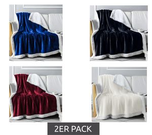 2-Pack Reversible Everlasting Comfort Plush Sherpa Fleece Blanket, 127 x 165 cm, Blue, Black, Burgundy, and Snow White