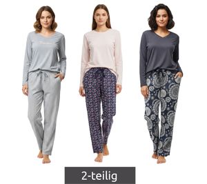 weicher Damen Pyjama 2-teiliger Schlaf-Anzug aus Baumwolle Pyjama-Set bestehend aus Ober- und Unterteil Schwarz/Weiß, Rosa/Blau oder Grau