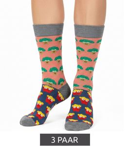 Lot de 3 paires de chaussettes Moustard Brocoli vs Frites en coton imprimé intégral, chaussettes hautes à motifs 18S-BROC Gris/Rose/Jaune