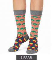Lot de 3 paires de chaussettes Moustard Brocoli vs Frites en coton imprimé intégral, chaussettes hautes à motifs 18S-BROC Gris/Rose/Jaune