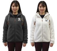 Comfortable sheepworld women's teddy fleece jacket with embroidered design. Cozy jacket with stand-up collar. Sweatshirt jacket in white or gray.