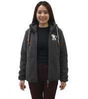 Comfortable sheepworld women's teddy fleece jacket with embroidered design. Cozy jacket with stand-up collar. Sweatshirt jacket in white or gray.