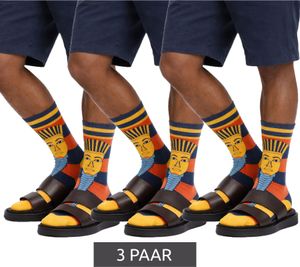 3 Paar Moustard Baumwoll-Socken mit Abbildung des Pharaos Tutanchamun gestreifte lange Strümpfe 20S-TUTAN Blau/Rot/Gold
