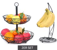 dekorative CUBESU Obst-Etagere mit Bananenständer im Set rostfreier Obst und Gemüsekorb Schwarz