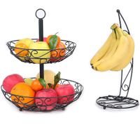 dekorative CUBESU Obst-Etagere mit Bananenständer im Set rostfreier Obst und Gemüsekorb Schwarz