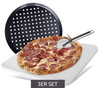 hitzebeständiges EDELMANN Pizza-Set Pizza-Stein mit Pizza-Schneider und Blech 38x30cm Schwarz/Weiß