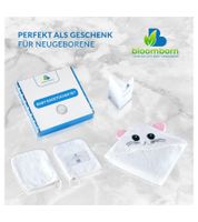 Kuschelweiches bloomborn Baby Badetücher Set Kapuzen-Handtuch mit Katzenmotiv inkl. 2x Waschhandschuh Baumwoll-Badetuch 75 x 75cm Weiß