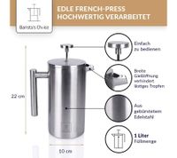 Cafetera de prensa francesa de acero inoxidable Barista’s Choice, con aislamiento de doble pared – Cafetera de filtro para café aromático, 1 litro, plateada