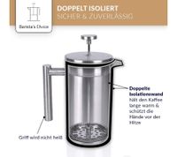 Cafetera de prensa francesa de acero inoxidable Barista’s Choice, con aislamiento de doble pared – Cafetera de filtro para café aromático, 1 litro, plateada