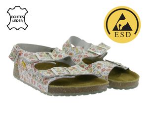 Sandalias de trabajo HSM antideslizantes para mujer, con protección ESD, de piel auténtica, clase de protección SRC, con estampado floral, segunda clase B de fábrica, calzado médico, color blanco.