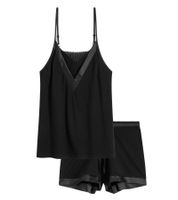 2-Pack Elegant Women's Pajamas, 2-Piece Cotton Shorty Set with Satin Trim, Short Sleepwear Set consisting of Top and Bottoms, 936951 Black