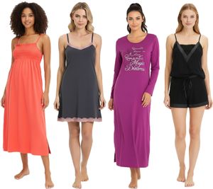 Cozy women's nightdress with smock details: long nightgown with slit, 2-piece pajama set, or short nightgown with lace. Available in red, purple, black, or gray/pink.