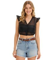 Short-sleeved women's blouse, sheer with balloon hem and ruffled sleeves, summer shirt 933930 Black