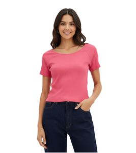 T-shirt femme à manches courtes en coton bio rose, coupe ajustée, réf. 928790