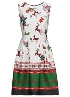 Elegant sleeveless women's Christmas party dress with festive print and flared skirt 967618 black/red