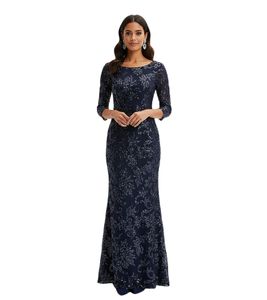 romantisches Damen Abend-Kleid Pailletten-Kleid mit Ornamenten 939101 Dunkelblau