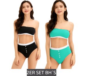 Lot de 2 soutiens-gorge bandeau femme, sans bretelles, en coton bio, sans armatures, 947061 Noir/Turquoise