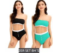 2er Set Damen Bandeau-BH trägerloser BH aus Bio-Baumwolle ohne Bügel 947061 Schwarz/Türkis
