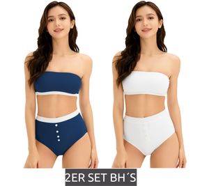 2er Set Damen Bandeau-BH trägerloser BH aus Bio-Baumwolle ohne Bügel 948684 Blau/Weiß