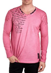 Trendiges Herren Longsleeve V-Ausschnitt Washed Print Design Slim Fit Langarm-Shirt 10117 Dunkel-Rosa